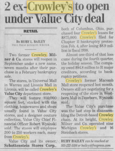 Crowleys - AUG 1999 THE BEGINNING OF VALUE CITY